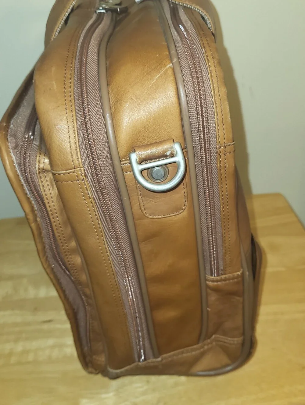 Murano Tan Leather Laptop Briefcase with Front Pockets. Wheeled.